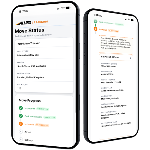 two phones showing the allied move tracking app